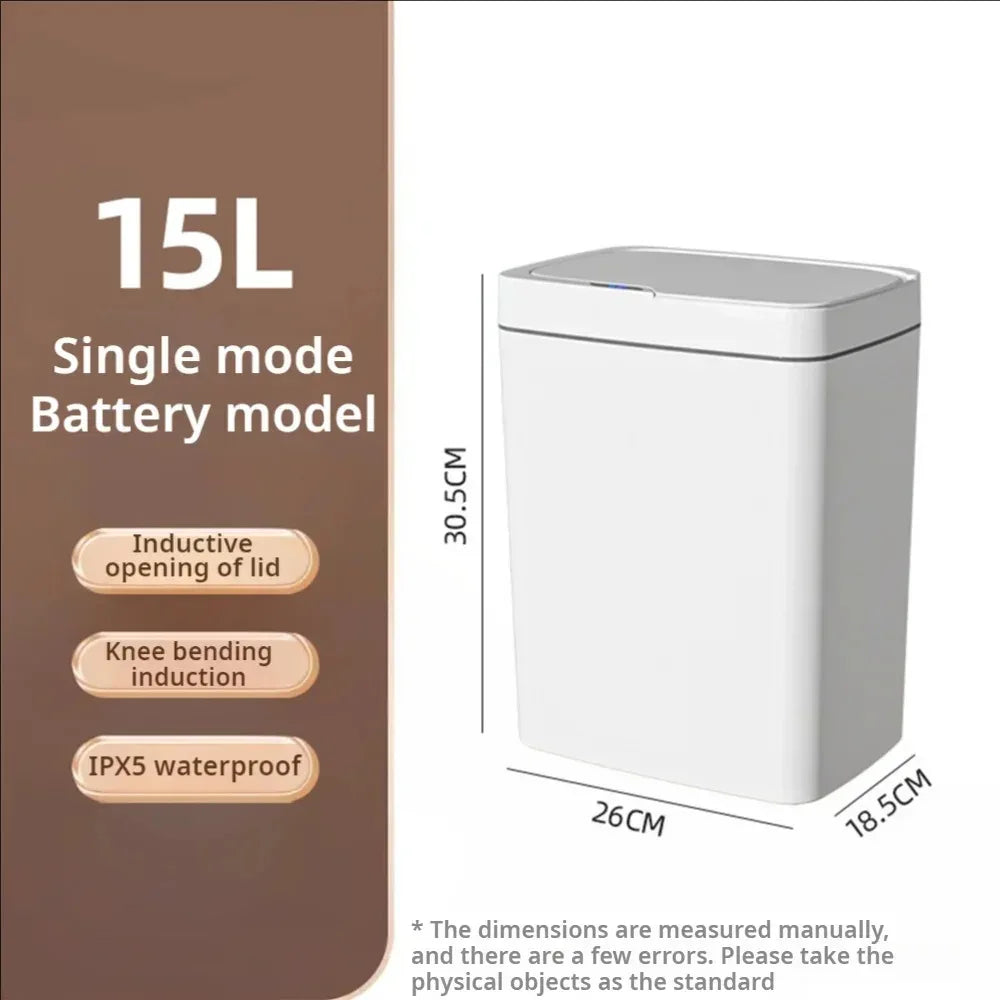 15L Smart Automatic Bathroom Trash Can — Touchless Electronic Sensor Bin with Self-Bagging, White Narrow Garbage Bin for Smart Home
