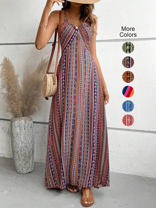 Women’s Boho Ethnic Print Maxi Dress – Backless Split Thigh Frill Trim Summer Beach Long Dress