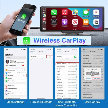 10.26'' 4K Dash Cam Car Mirror Video Player - Wireless CarPlay, Android Auto, GPS, and Rearview Camera Monitor