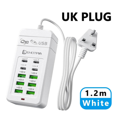Multi-Port USB Fast Charger - EU UK US Plug 10-Port Power Adapter with 6 USB-A & 4 USB-C Ports Cable