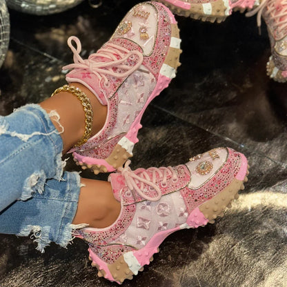 Women’s Casual Sneakers – Luxury Rhinestone Platform Sports Shoes, Fashionable Outdoor Footwear