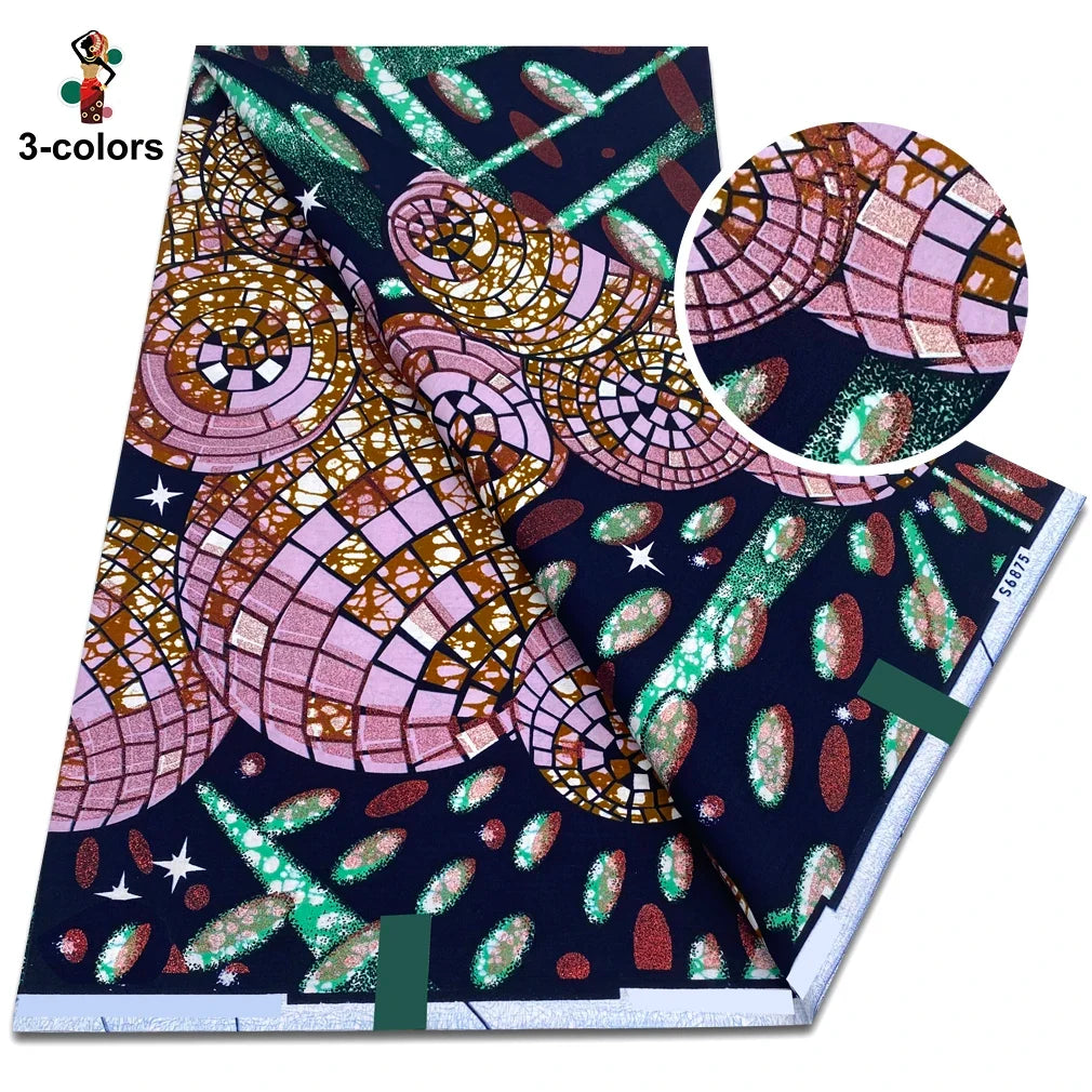 African Glitter Glam Wax Fabric - 100% Cotton Golden Ankara Print 6 Yards