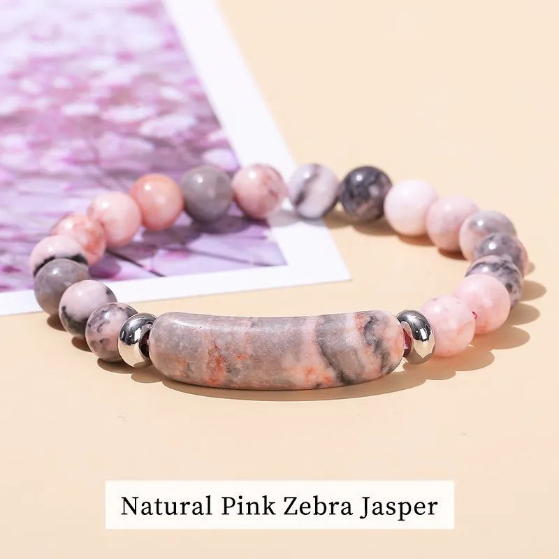 JD Natural Stone Tiger Eye & Amethyst Rectangle Bar Charm Bracelet – Healing Crystal Rough Chakra Jewelry for Men & Women Elastic Wrist Band