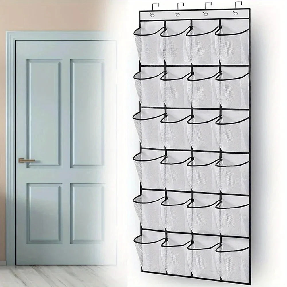 24-Grid Wall-Mounted Shoe Organizer – Fabric Closet Storage Rack with Mesh Pockets, Clear Hanging Over-the-Door Cloth Bag