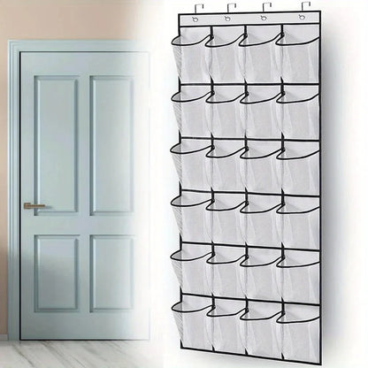 24-Grid Wall-Mounted Shoe Organizer – Fabric Closet Storage Rack with Mesh Pockets, Clear Hanging Over-the-Door Cloth Bag