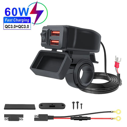 PD QC3.0 Motorcycle USB Fast Charger — 60W Dual USB Handlebar Socket with Switch & Voltmeter, Waterproof 12V Power Adapter