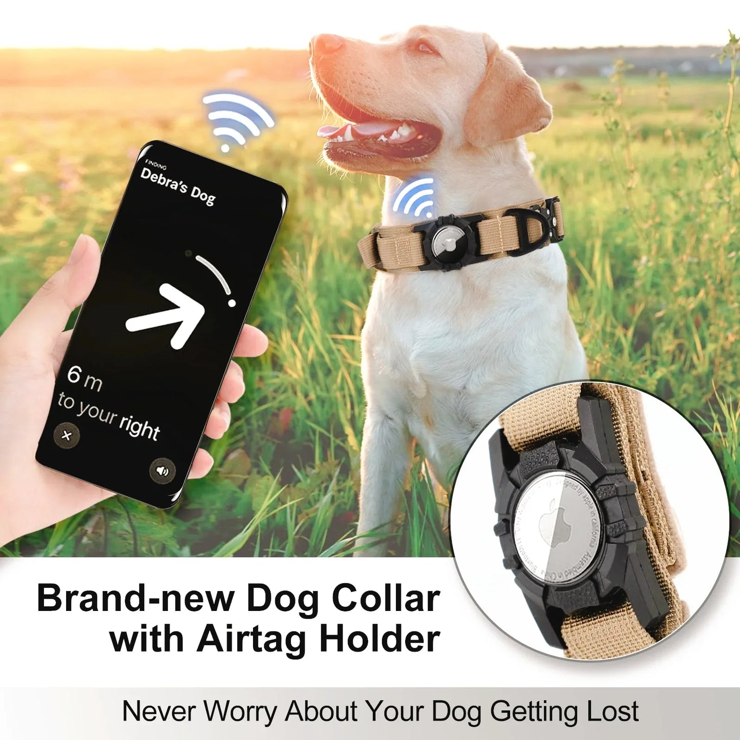 Adjustable Nylon AirTag Dog Collar with Metal Buckle – Anti-Lost Tactical Pet Tracking Accessory