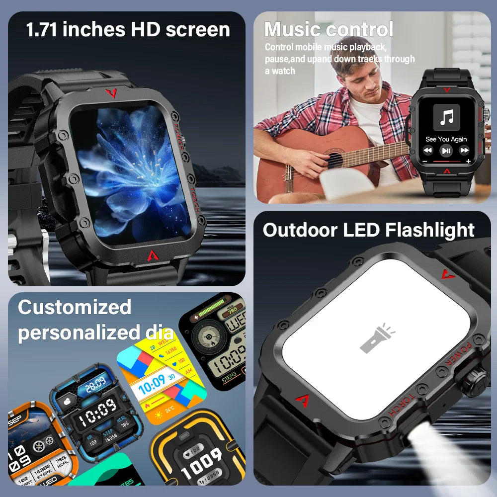 LAXASFIT Men’s Smart Watch – LED Flashlight, Outdoor Sports, Health Monitoring Wristwatch