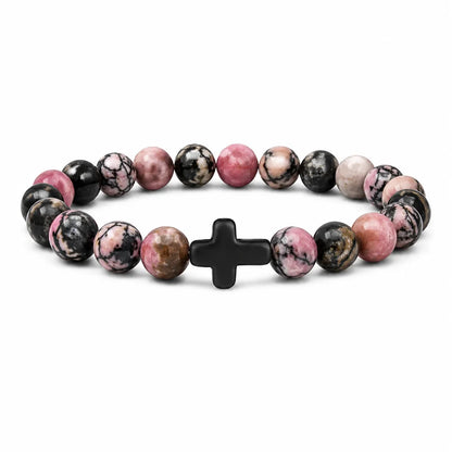 Natural Stone & Wood Bead Rosary Bracelet - Hematite Cross Meditation & Yoga Jewelry for Men & Women
