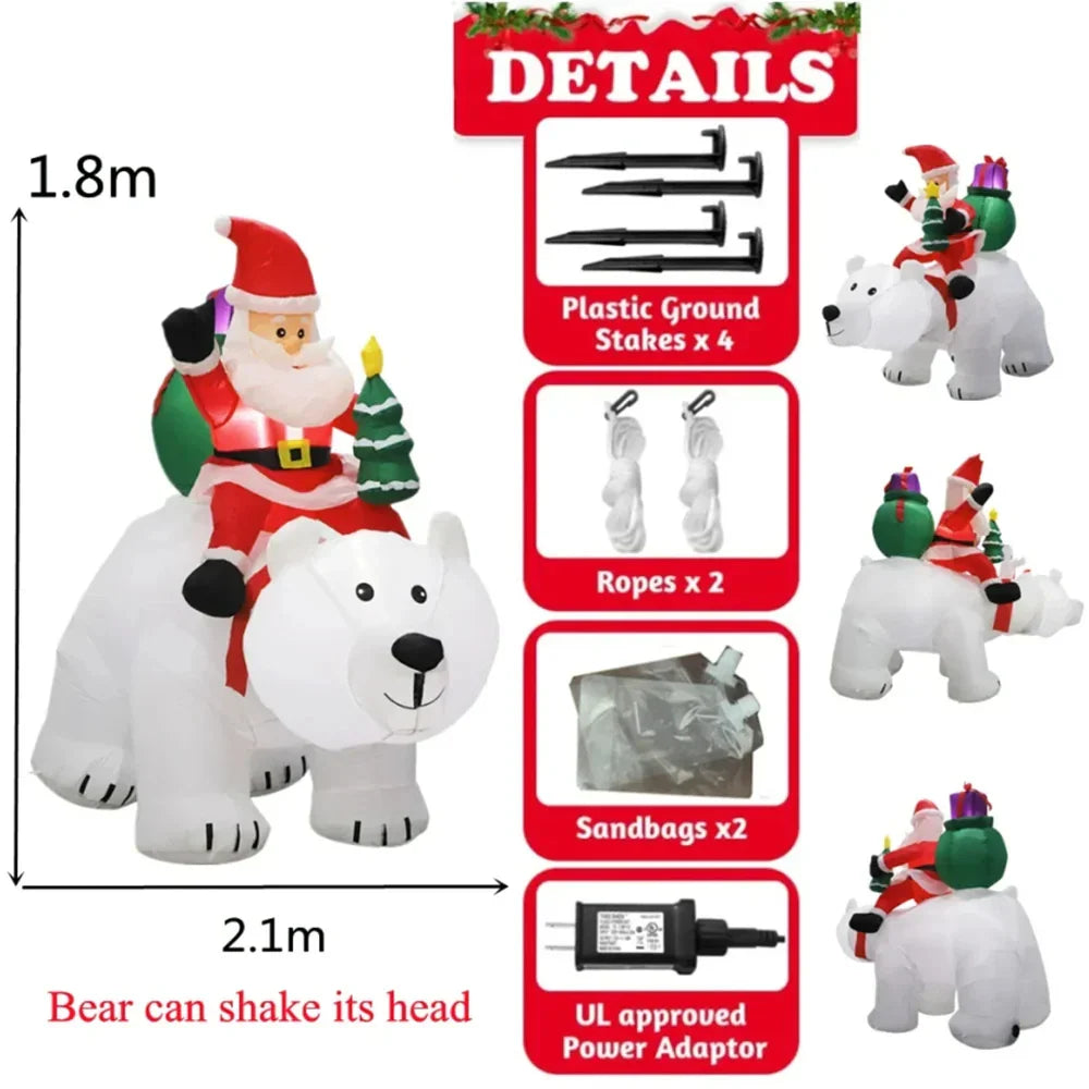 2.1M Inflatable Santa Claus Riding Polar Bear – LED Luminous Toy for Indoor and Outdoor Christmas Holiday Courtyard Decoration