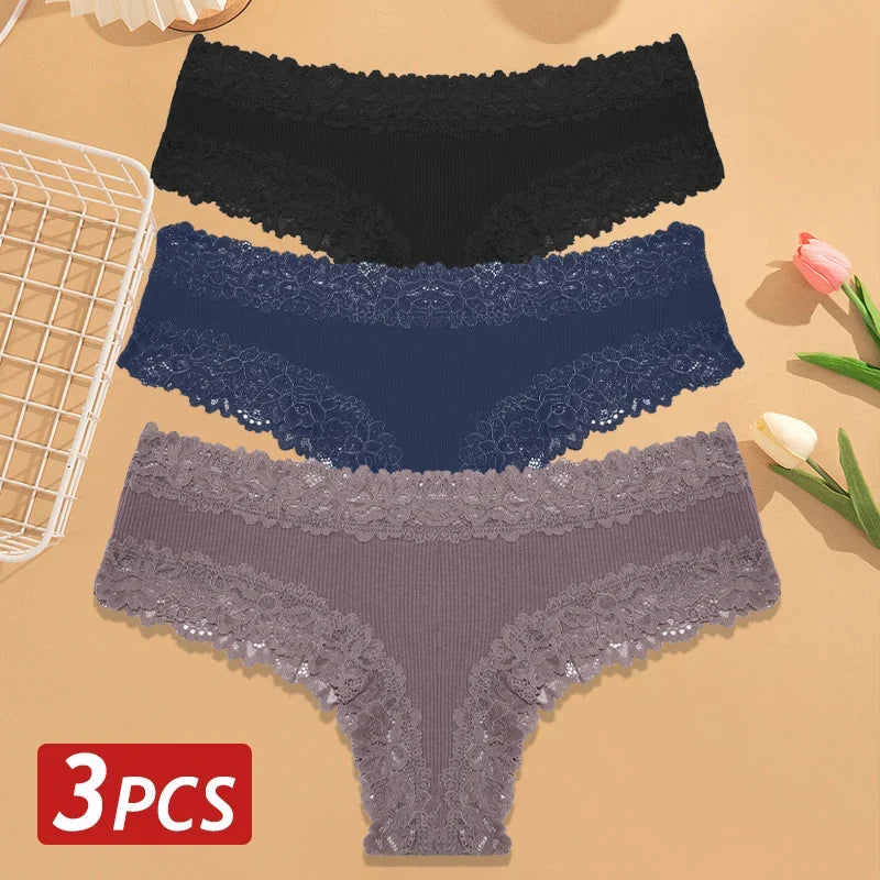 3PCS Women’s Cotton Lace Panties Set - Low Waist Brazilian Bikini Underwear Soft Floral Lingerie T-Back Style