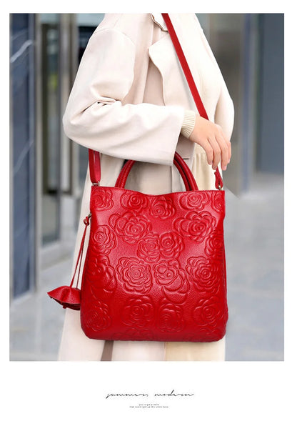 Classic Embossed Women’s Leather Bag — Large Capacity Top Cowhide Crossbody Purse