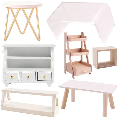 1:12 Scale Dollhouse Furniture - Miniature Teatable, Wood Stool, Flower Rack - Dolls Accessories & Photography Props