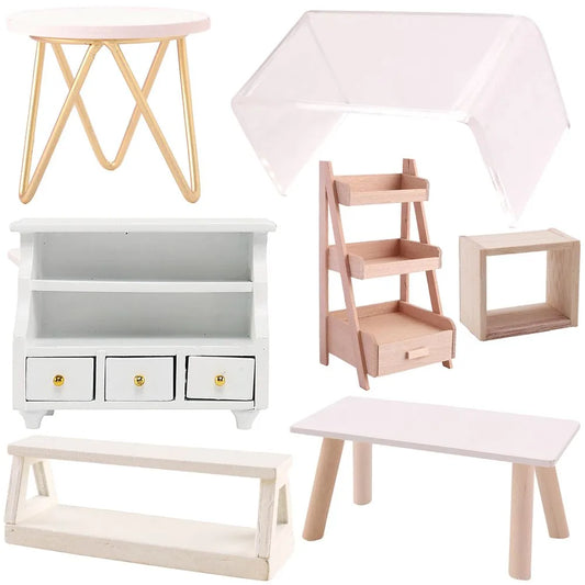 1:12 Scale Dollhouse Furniture - Miniature Teatable, Wood Stool, Flower Rack - Dolls Accessories & Photography Props