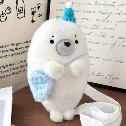 Cute Seal Plush Shoulder Bag - Soft Fluffy Cartoon Crossbody Phone Bag with Adjustable Strap