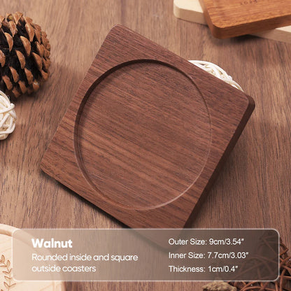 Solid Walnut & Beech Wood Coaster — Durable Heat-Resistant Round & Square Cup Mat, 8.8cm Tea & Coffee Placemat