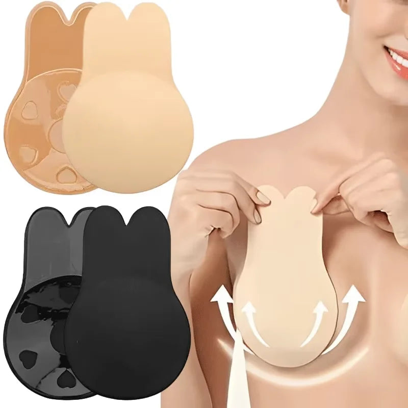 Silicone Push-Up Strapless Invisible Bra – Reusable Adhesive Lift Tape with Rabbit Nipple Covers for Women