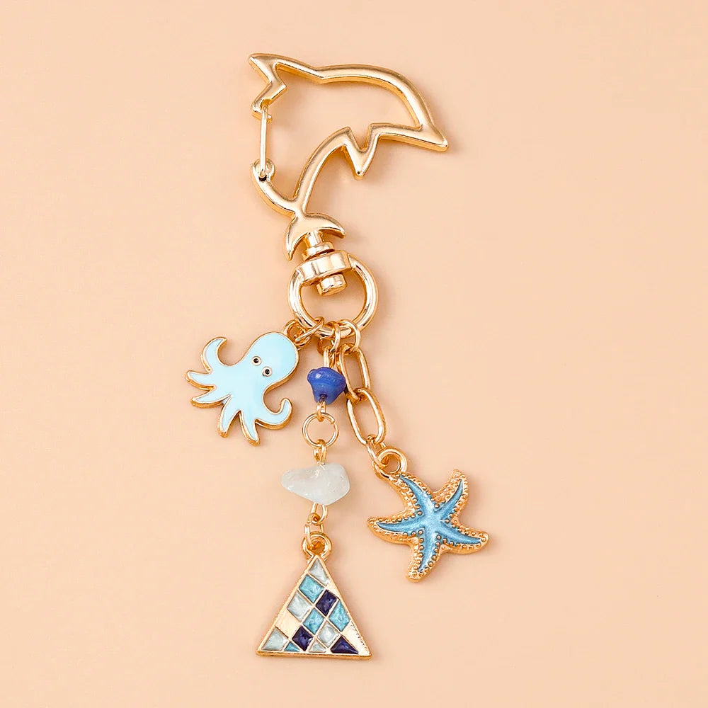 Summer Beach Shell Keychain – Octopus and Starfish Marine Life Pendant for Women, Girls, Handbag Decor, and Gifts