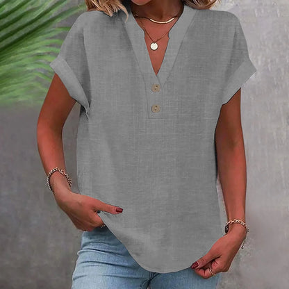 Women’s Cotton Linen Button-Down V-Neck Shirt – Breathable Solid Color Summer Office Casual Top 2025