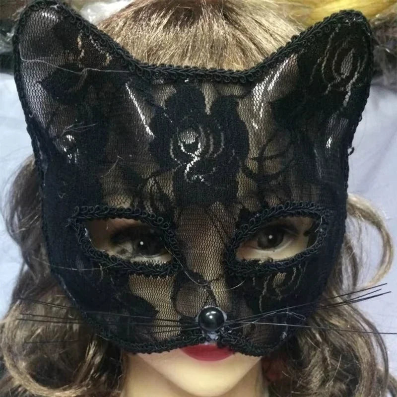 Women's Cat Face Lace Mask - Elegant Animal Masquerade Mask for Halloween Cosplay & Parties