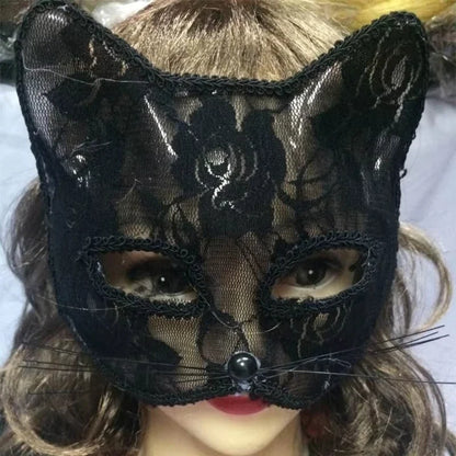 Women's Cat Face Lace Mask - Elegant Animal Masquerade Mask for Halloween Cosplay & Parties