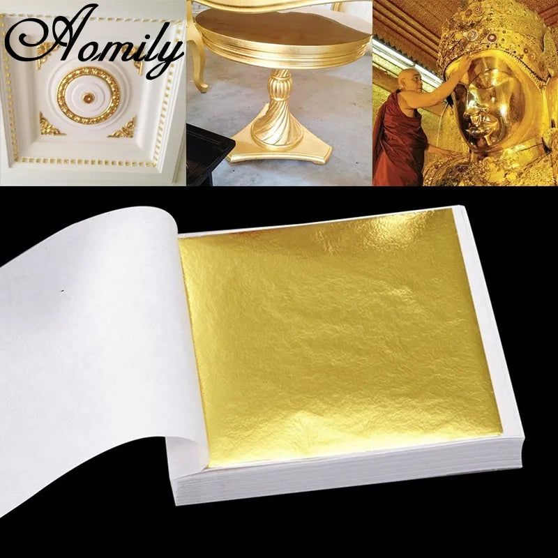 100 Sheets Aomily 9x9cm Pure Shiny Gold Leaf - Ideal for Gilding Furniture, Walls, Crafts, Handicrafts - Gilding Decoration