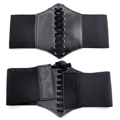 Women’s Punk Black PU Leather Corset Belt – Wide Elastic High-Waist Body Belt for Dress & Slimming