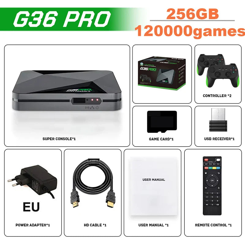 Super G36 Pro Retro Game Console – 256GB with 120,000+ Built-in Games, Wireless Controller Game Box for Kids & Family Gift