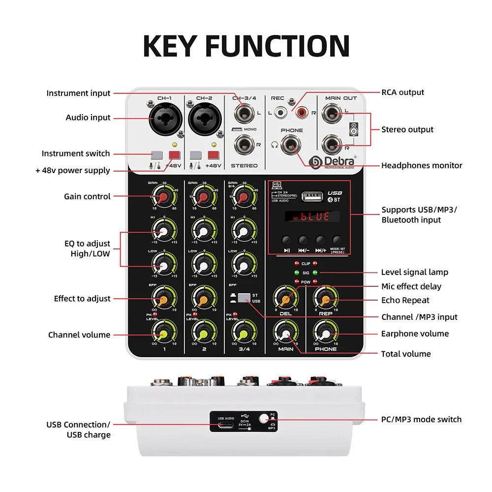 V4 4-Channel Audio Interface Mixer — USB & Bluetooth with 48V Phantom Power, Effects & Recording