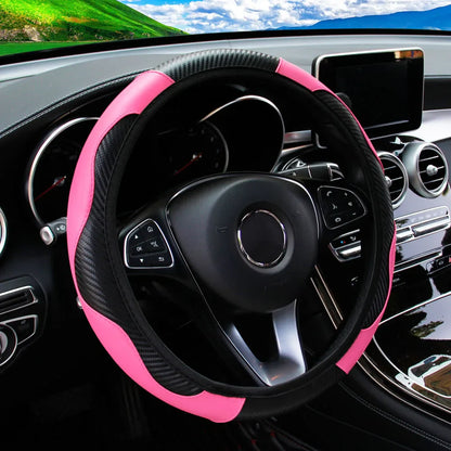 PU Carbon Fiber Leather Steering Wheel Cover — No Inner Ring, Fits 14.5-15 Inch Cars