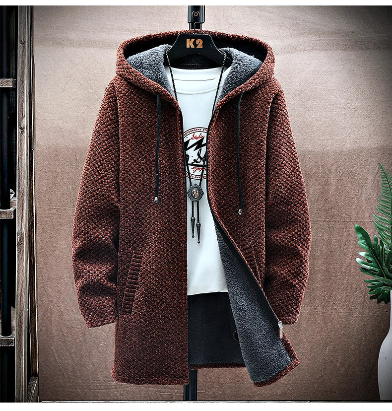 Men's Cashmere Hooded Cardigan Coat – Warm Fleece Long Sweater Jacket for Autumn Winter