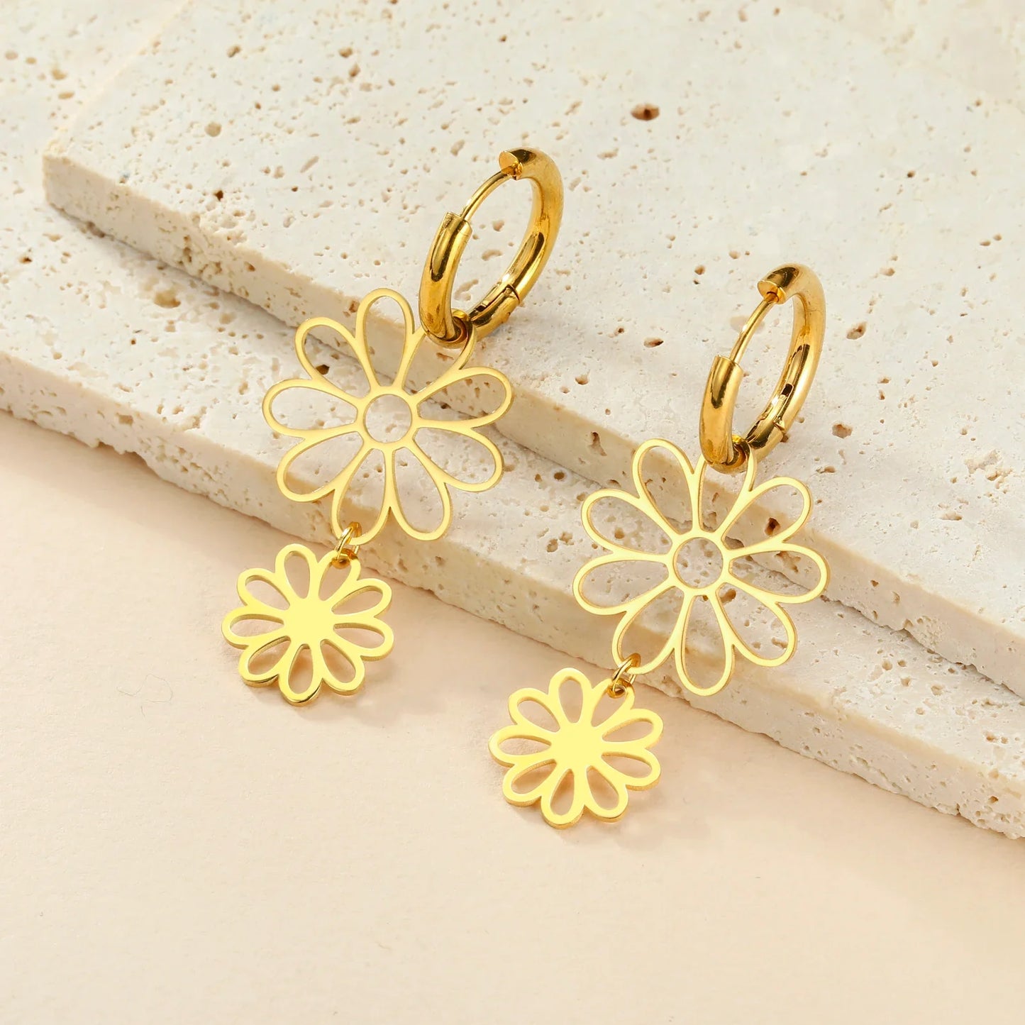 Nine Petal Flower Hoop Earrings - Stainless Steel Bohemian Hollow Pendant Jewelry Gift for Women