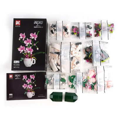 MOC Pink Orchid Flower Bouquet Building Block Kit – DIY Bonsai Plant Model for Romantic Home Decor, Creative Gift for Teens & Adults