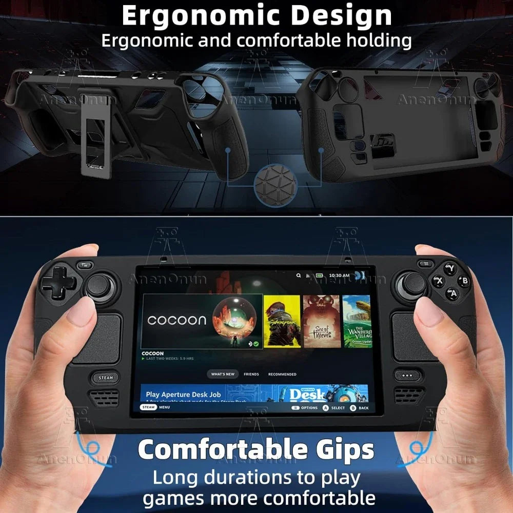 Steam Deck Protective Case - Soft Silicone Anti-Fall Cover with Folding Stand Anti-Slip Gaming Accessories