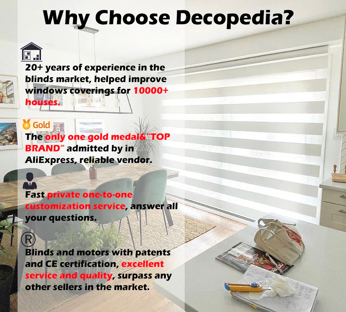Decopedia Custom Zebra Blinds – Day & Night Blackout Roller Shades with Square Valance for Windows & Sliding Doors