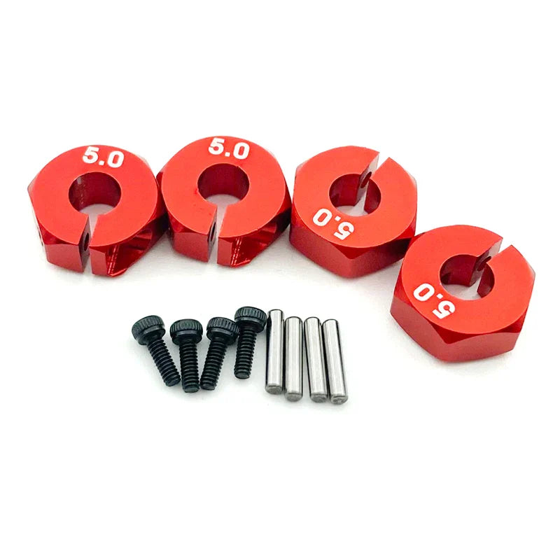 4PCS Aluminum Wheel Hex Hubs — 12mm Drive with Pins & Screws, 5/6/7mm Thickness for RC Cars, Crawlers, HSP, Tamiya, SCX10 & Slash