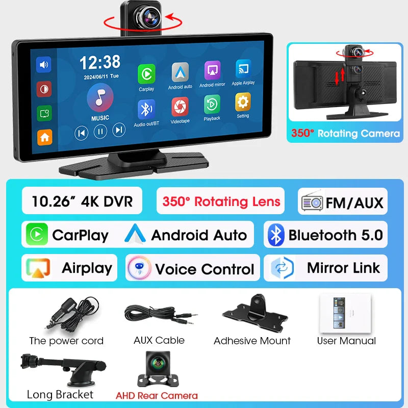 7"/10.26" 4K Dash Cam — Car DVR with Wireless CarPlay, Android Auto, 350° Rotating Lens, GPS & Bluetooth