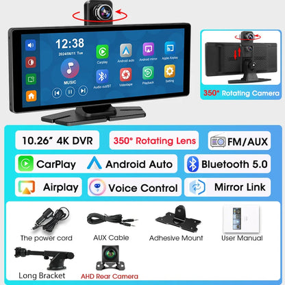 7"/10.26" 4K Dash Cam — Car DVR with Wireless CarPlay, Android Auto, 350° Rotating Lens, GPS & Bluetooth