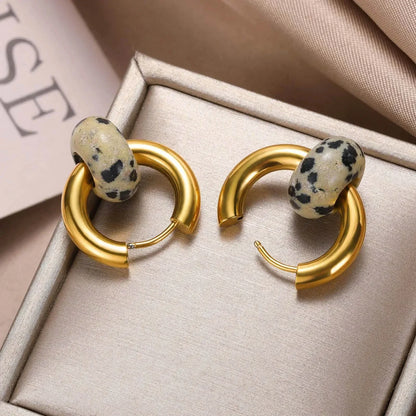 Leopard Bead Opal Stainless Steel Hoop Earrings — Gold Color, Anti-Fading Wedding & Prom Jewelry for Women, Gift Accessory