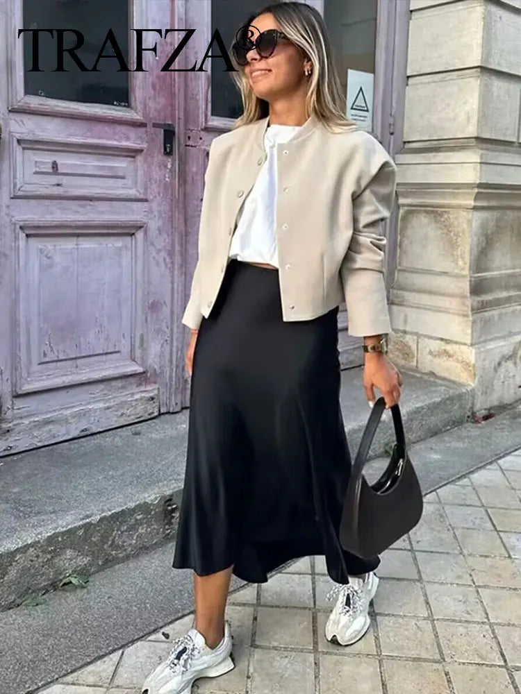 TRAFZA 2024 Y2K Women’s Long Skirt – Elastic High-Waist A-Line Satin Skirt for Spring Casual & High Street Fashion