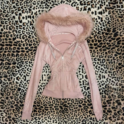 Women's Gothic Fur Collar Hoodie - Y2K Harajuku Slim-Fit Cardigan Sweatshirt for Autumn & Winter
