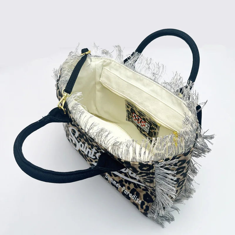 SAINT BARTH Houndstooth Crossbody Bag – Small Cotton Linen Handmade Tote with Tassels for Women