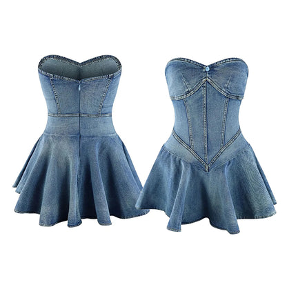 Sexy Chest Wrap Mini Dress – Women’s Sleeveless, Backless, Strapless Slim Fit A-Line Denim Dress 2024