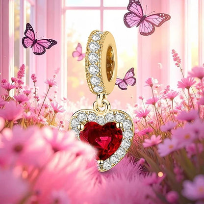 925 Sterling Silver Pink Heart Charm - Zircon Love Pendant Bead for DIY Bracelets, Bangles & Women’s Jewelry