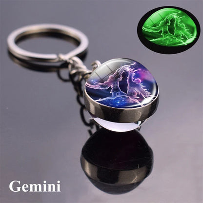 New Luminous 12 Constellation Glass Ball Key Rings: Double Sided Zodiac Signs Keychain for Women - Glow in the Dark Birthday Gift