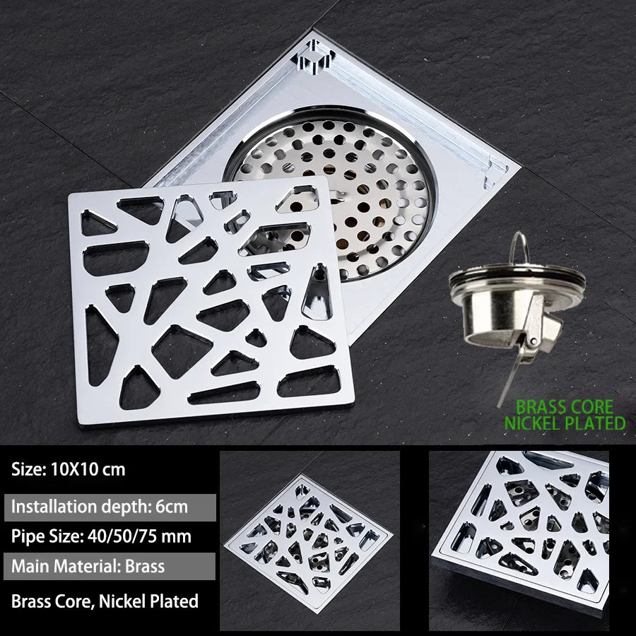 Luxury Brass Floor Drain — 10x10CM Carved Anti-Odor & Insect-Proof Drain for Shower, Bathroom & Balcony