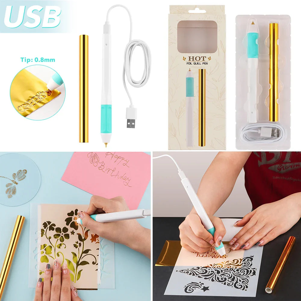 USB Hot Foil Pen Set – 0.8mm Heat-Active Gold Foil Pen for Paper, Leather, DIY Scrapbooking & Cards
