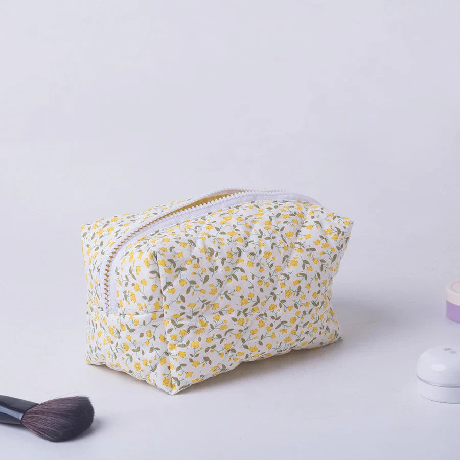 Floral Puffy Quilted Makeup Bag — Large Travel Cosmetic Organizer Pouch with Flower Print for Makeup Accessories