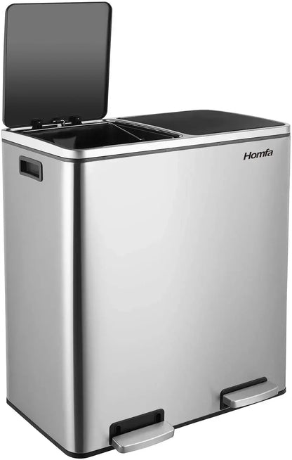 60L Dual Compartment Kitchen Step Trash Can – Hands-Free, Soft-Close Lid, Brushed Stainless Steel