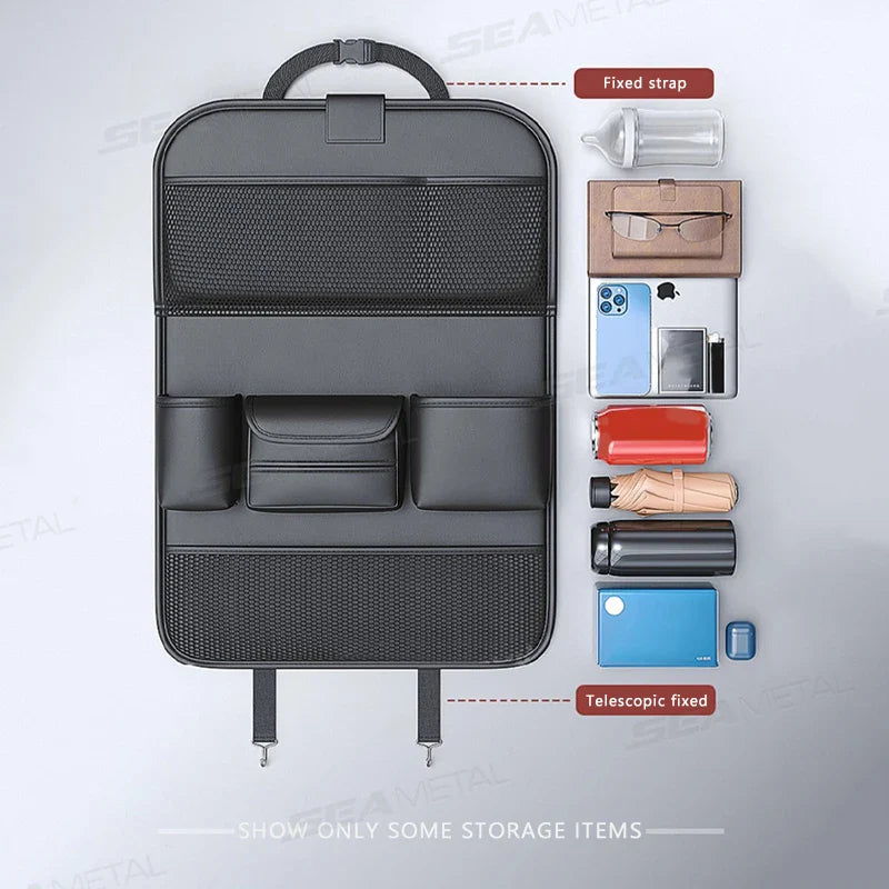 SEAMETAL 8 in 1 Car Seat Back Storage Bag – Foldable Tray, Waterproof & Wear-Resistant Organizer with Tissue & Cup Holder